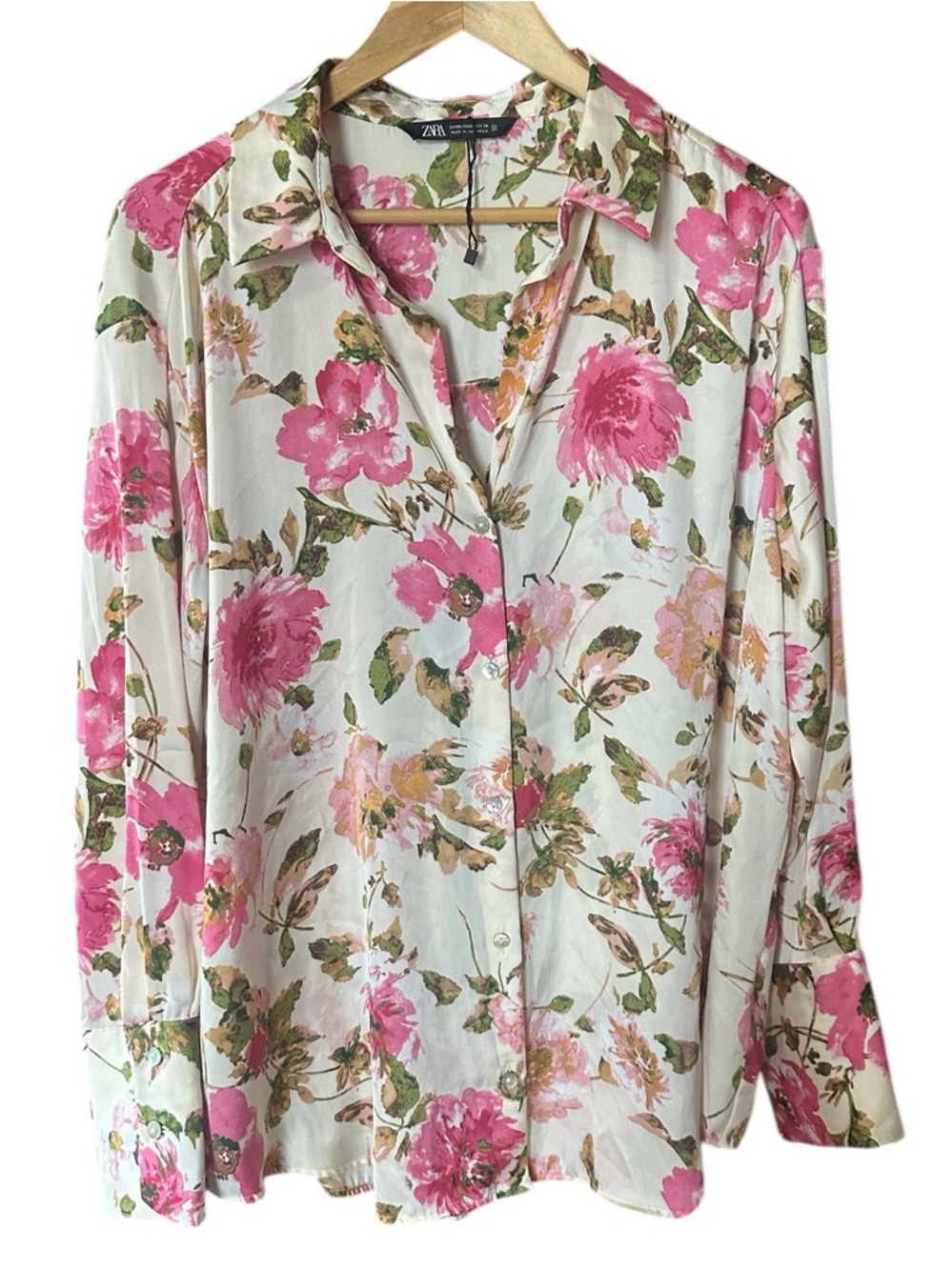 Zara Satin Effect Floral Button-Down Blouse Shirt Cream Pink Green  Sz XXL NWOT - Picture 3 of 10